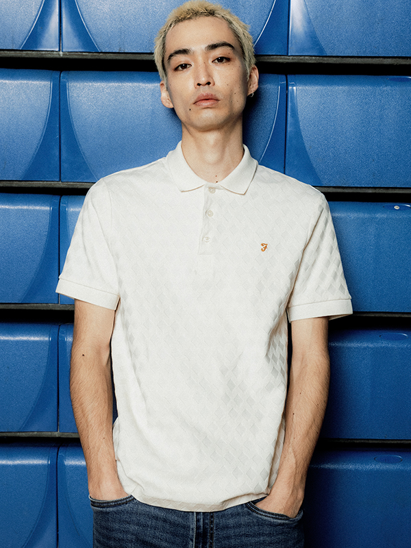 Model Wearing a Farah White Textured Polo