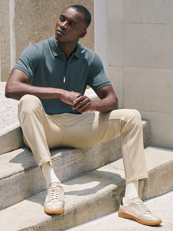 Models in Perry Ellis Knit Polo in Navy and T-Shirt in White